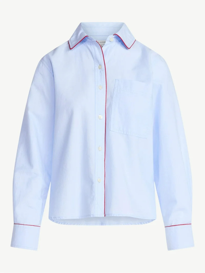 Free Assembly Women's Contrast Piped Cotton Shirt with Long Sleeves, Sizes XS-XXL | Walmart (US)