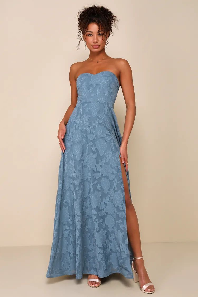 Garden of Romance Dusty Blue Floral Burnout Strapless Maxi Dress | Lulus