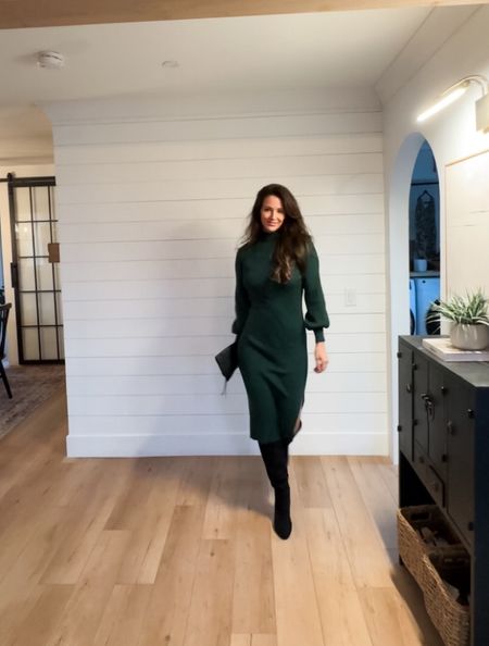 Sweater dress in a beautiful green color - wear for the holidays or for work 

🏷️ holiday outfit , sweater dresses , tall suede boots , black boots , black clutch

#LTKHoliday #LTKworkwear #LTKSeasonal