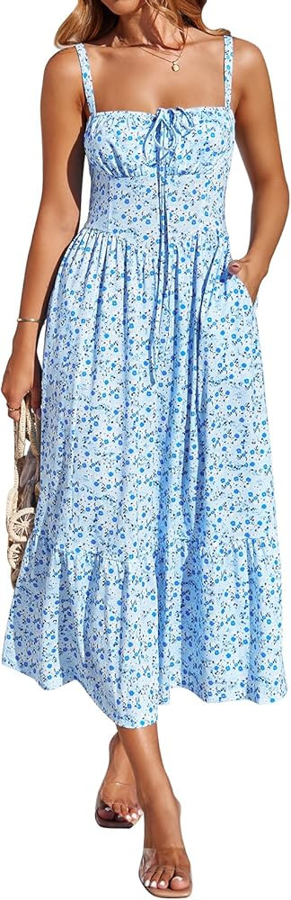 Sureple Sundresses for Women Maxi Tied Neck Spaghetti Straps Pleated Ruffles Casual Summer Midi D... | Amazon (US)