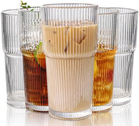 Set of 6 Oversize Ribbed Glassware, 20oz Vintage Clear Glass Tumbler, Large capacity, Origami Sty... | Amazon (US)