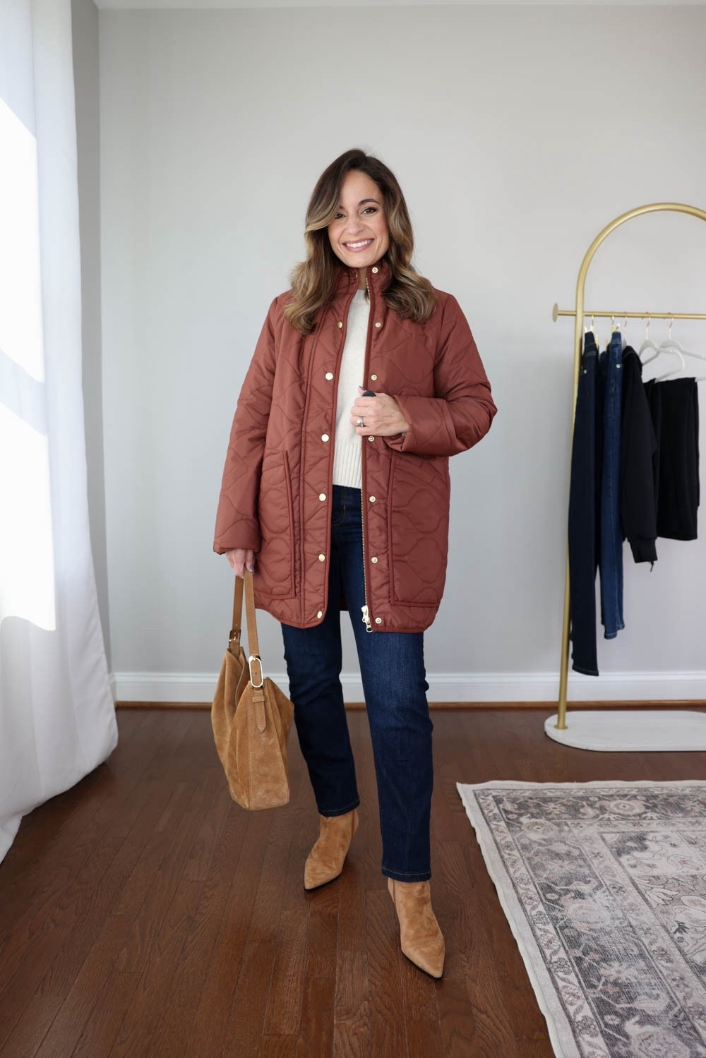 The quilted puffer from Quince has restocked in redwood brown! 

Coat: xs - tts, the sleeves are a little long 
Jeans: 24 x 26” 
Sweater: xs in speckled beige (currently sold out)



#LTKPetite