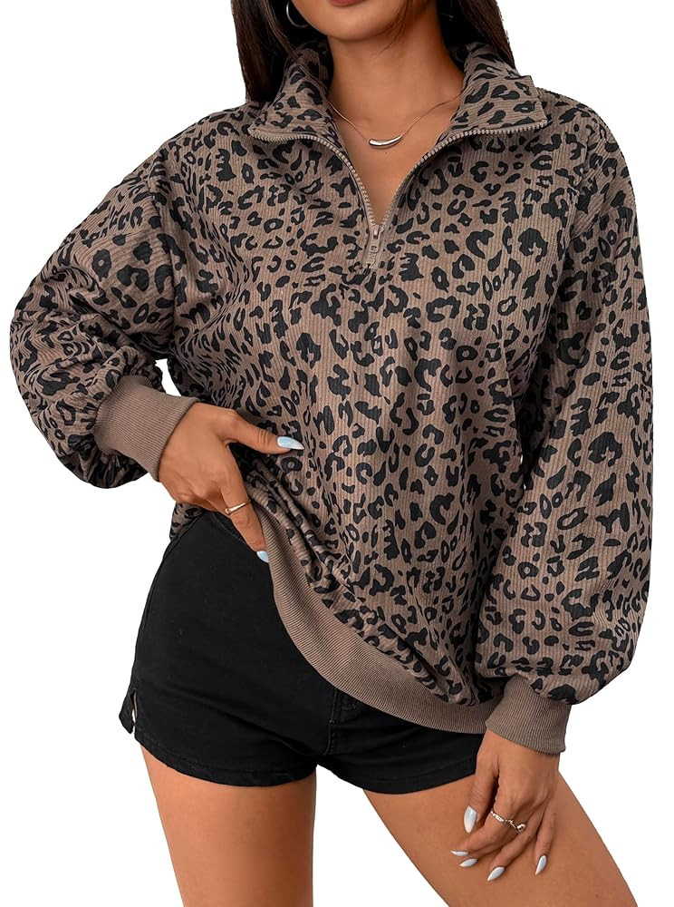 Hilinker Womens Cheetah Print Oversized Sweatshirt Half Zip Pullover Corduroy Long Sleeve Tops | Amazon (US)