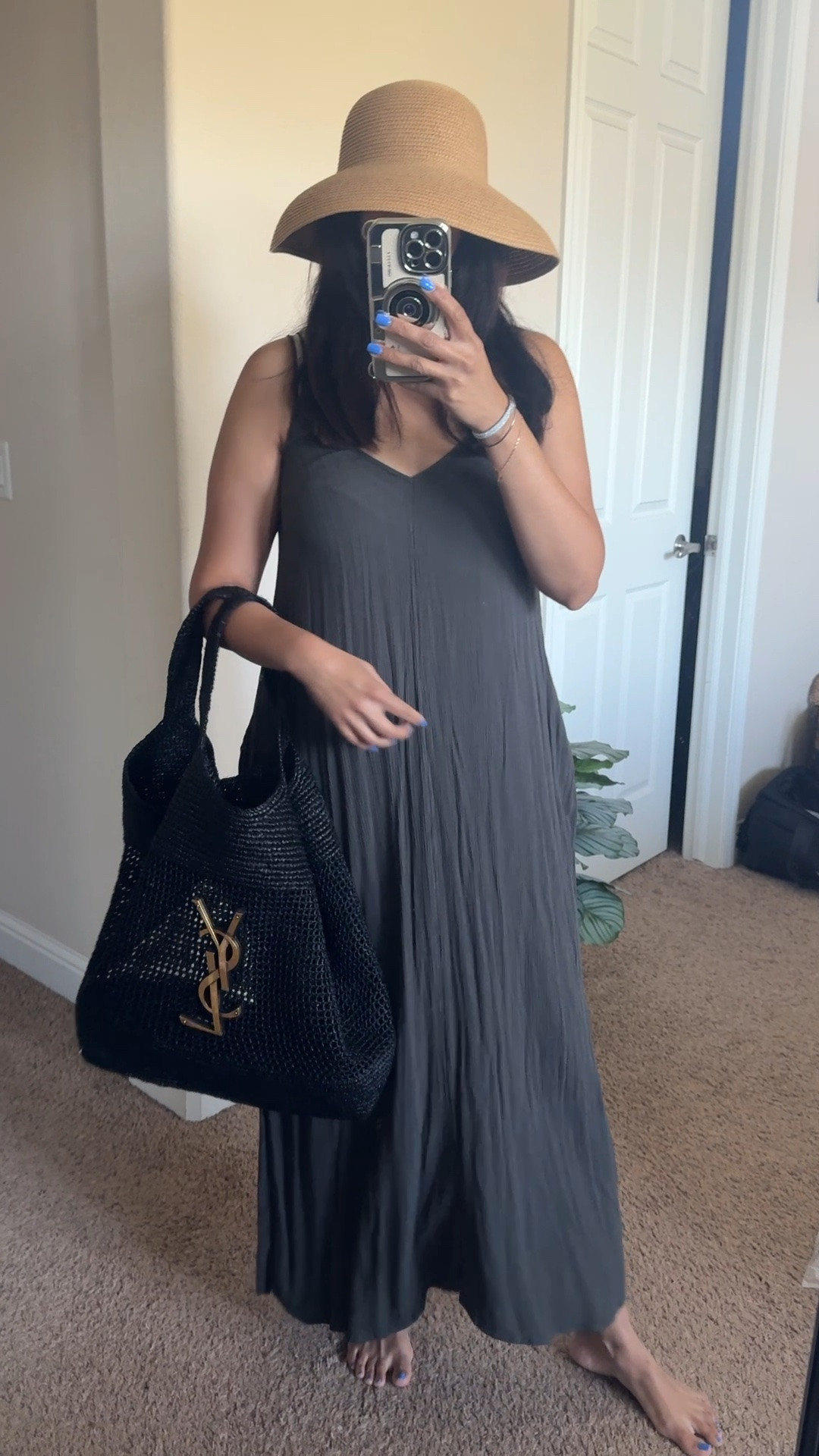 Poolside look - long maxi cover up, beach hat with wide brim. YSL raffia shopper bag. #summeroutfit #pooloutfit #swimsuit #modestbeachwear

#LTKSwim #LTKootd #LTKSeasonal