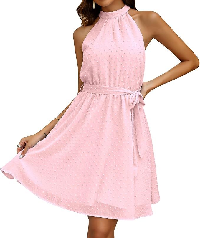 KOJOOIN Summer Dresses for Women 2023 Casual Halter Neck Swiss Dot Mini Short Dress Sleeveless A ... | Amazon (US)