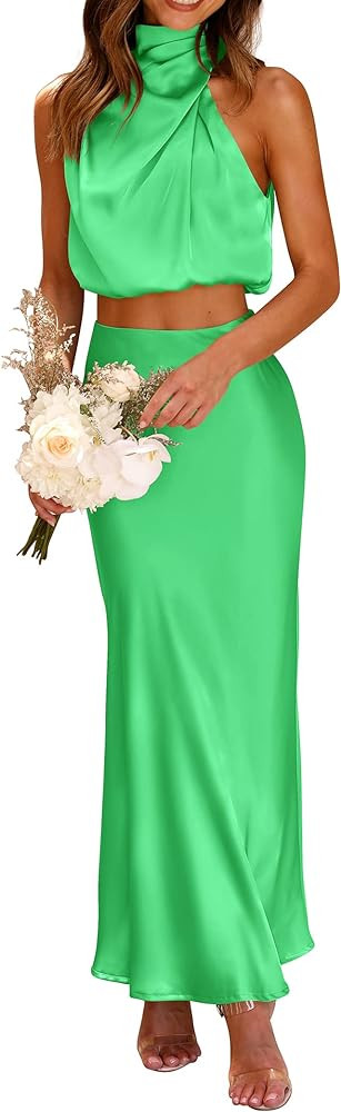 PRETTYGARDEN Women's 2 Piece Satin Outfits Summer Sleeveless Mock Neck Crop Tops and Long Skirt D... | Amazon (US)