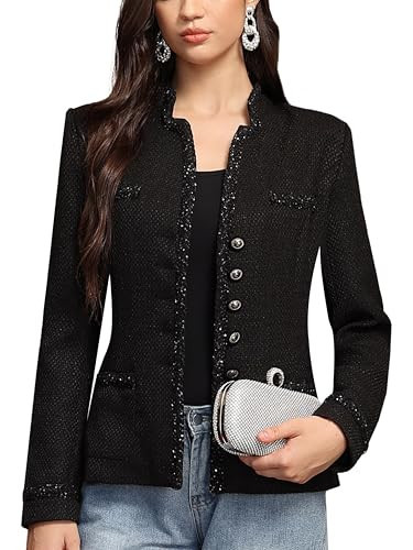 M.Infisavo Womens Stand Notch Lapel Suit Jacket Long Sleeve Fully Lined Open Front Dressy Tweed Blazer Outfits, Black Solid, X-Small | Amazon (US)