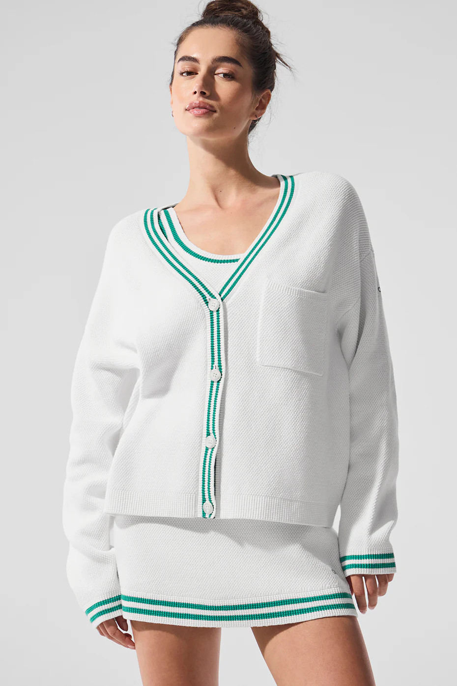 Alo Yoga� | Tennis Club Sweater Knit Cardigan Top in White/Spruce Green, Size: 2XS | Alo Yoga (US)