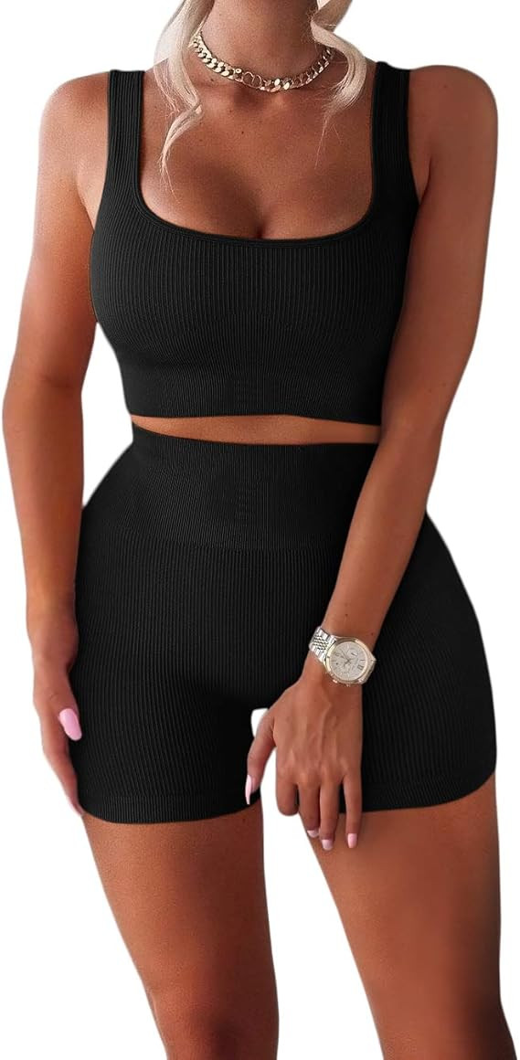 FAFOFA Workout Sets for Women 2 Piece Seamless Ribbed Crop Tank High Waist Shorts Yoga Outfits | Amazon (US)
