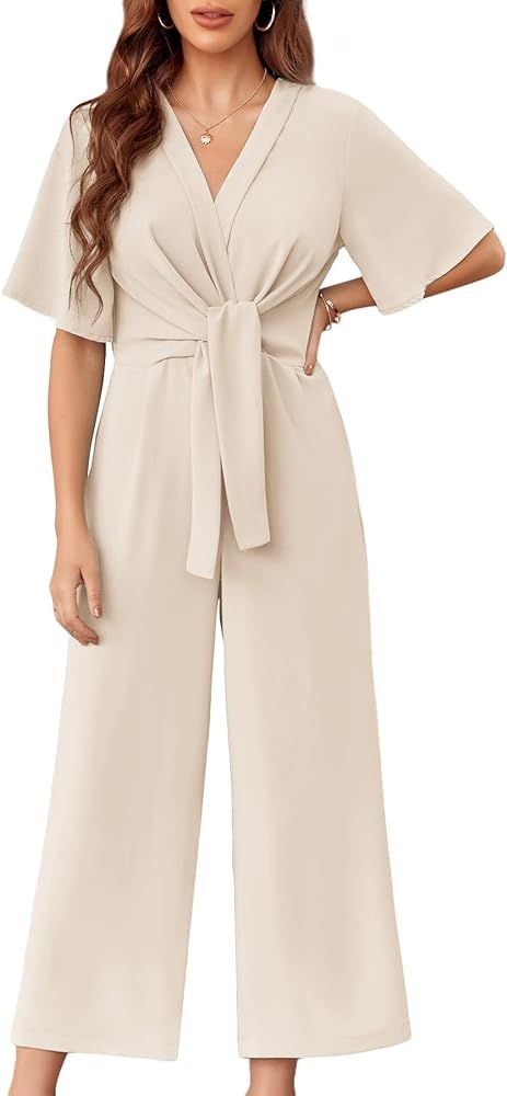 GAMISOTE Womens Wide Leg Jumpsuits Short Sleeve Tie Knot Front Summer Long Romper | Amazon (US)