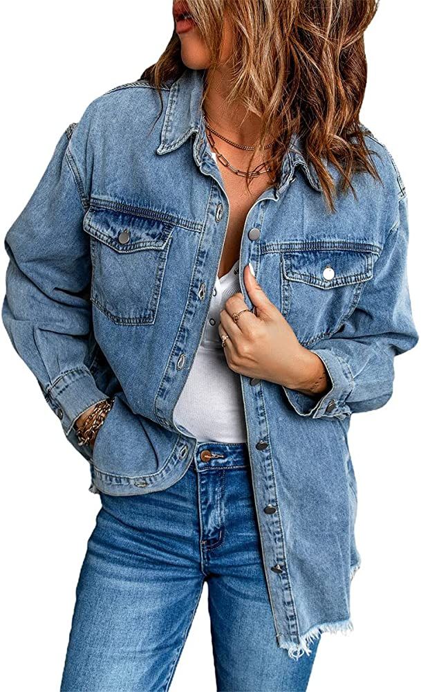 chouyatou Women's Distressed Oversize Frayed Hem Trucker Denim Jean Jacket Shirt Shacket | Amazon (US)