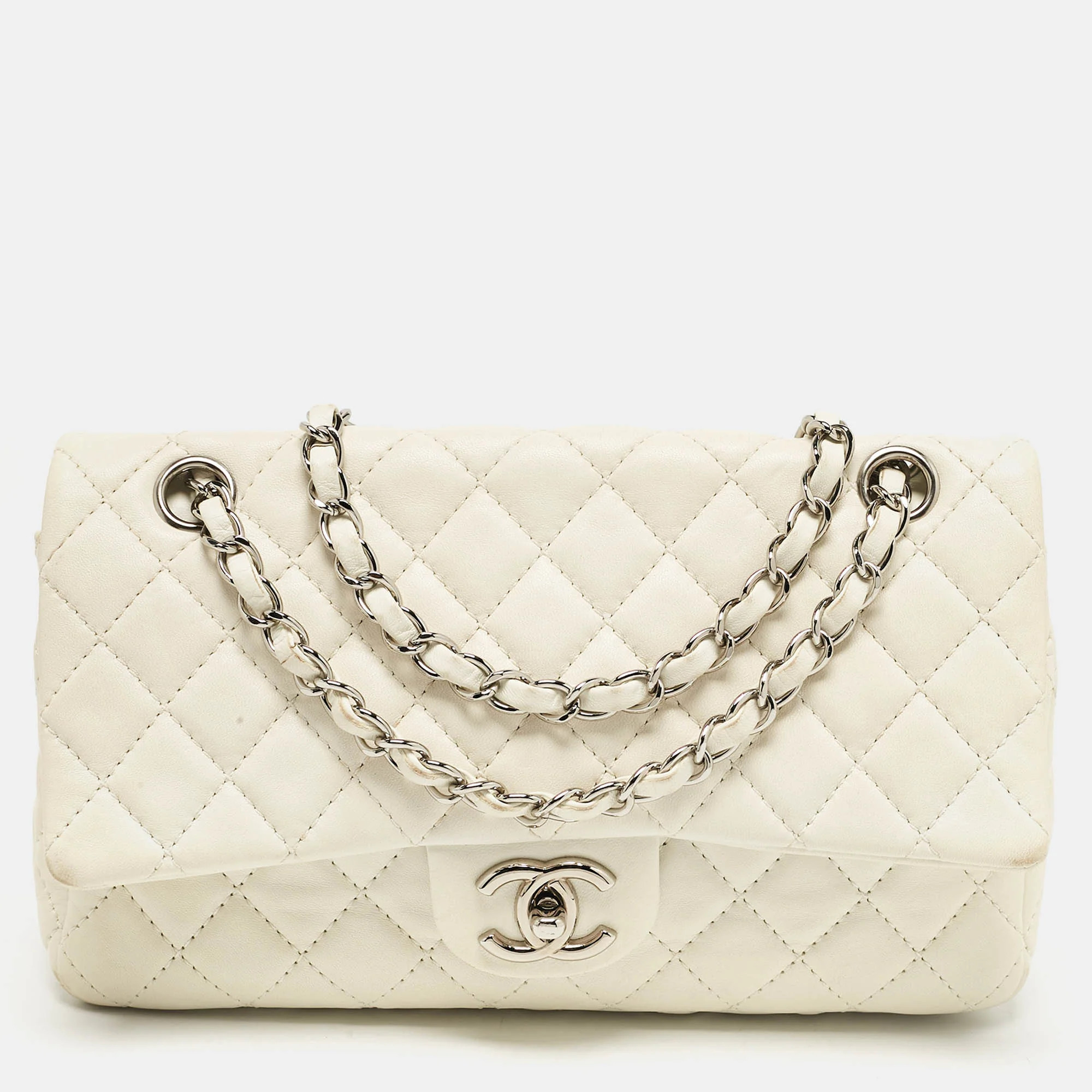 Chanel White Quilted Leather Medium Classic Double Flap Bag | Shop Simon