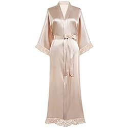 BABEYOND Satin Kimono Robe Long Bridesmaid Wedding Bath Robe with Lace Trim | Amazon (US)