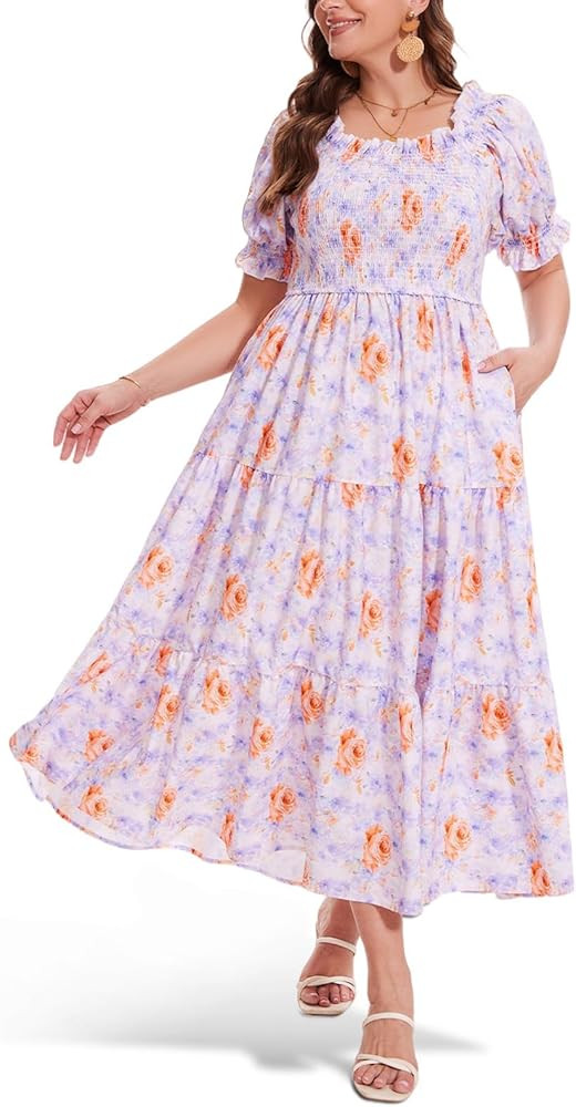 Women's Plus Size Casual Maxi Dress Square Neck Smocked Dress Short Puff Sleeve Floral Solid Summ... | Amazon (US)