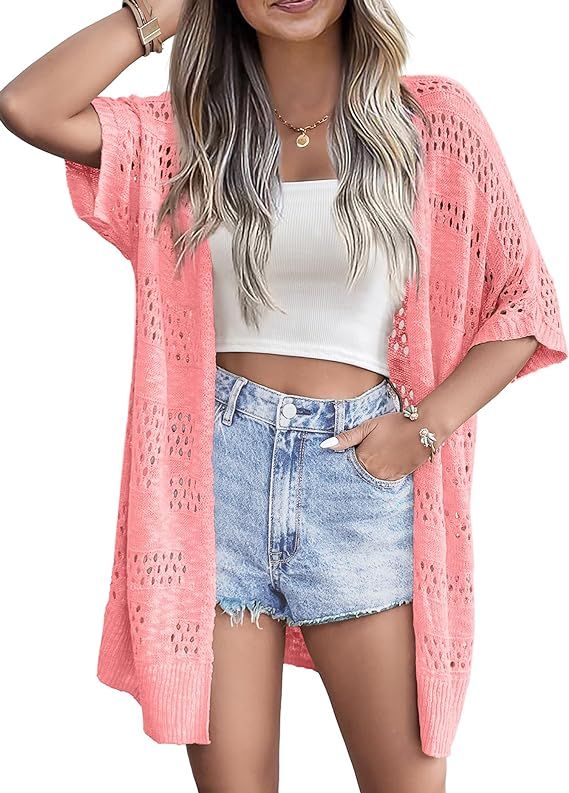 Zeagoo Lightweight Summer Crochet Cardigan for Women Short Sleeve Kimono Boho Oversized Open Fron... | Amazon (US)