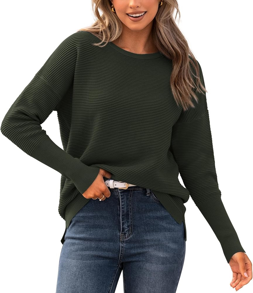 BTFBM Casual Women 2023 Fall Sweater Long Sleeve Ribbed Knit Pullover Loose Crewneck Batwing Spli... | Amazon (US)