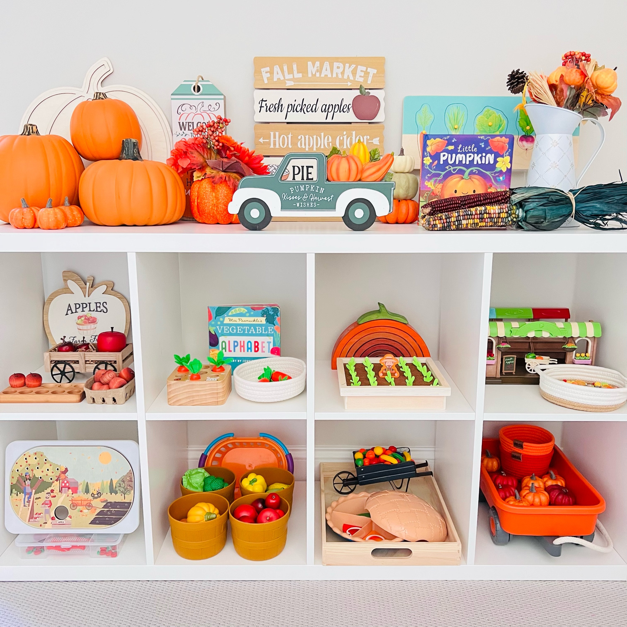 Harvest toy rotation! The perfect fall playshelf for my 4 and 2 year olds. #playshelf #kidstoys 

#LTKkids #LTKSeasonal #LTKsalealert