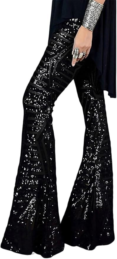 BLENCOT Women's Glitter Sequin Wide Leg Palazzo Pants High Waist Bell Bottoms Party Flared Trouse... | Amazon (US)
