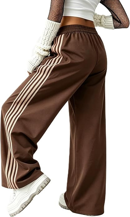 Women Side Striped Wide Leg Track Pants Elastic Baggy Joggers With Pockets | Amazon (US)