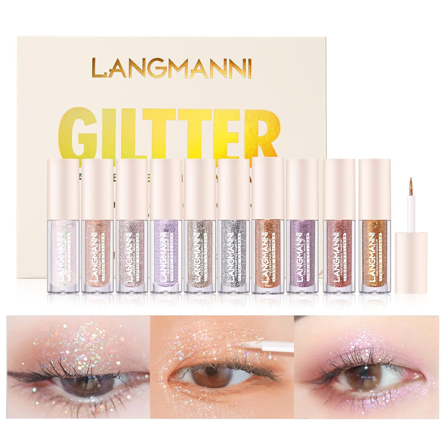 LANGMANNI 10Pcs Liquid Glitter Eyeshadow Korean Makeup Set, Shimmer,Pigmented,Long Lasting,Quick ... | Amazon (US)