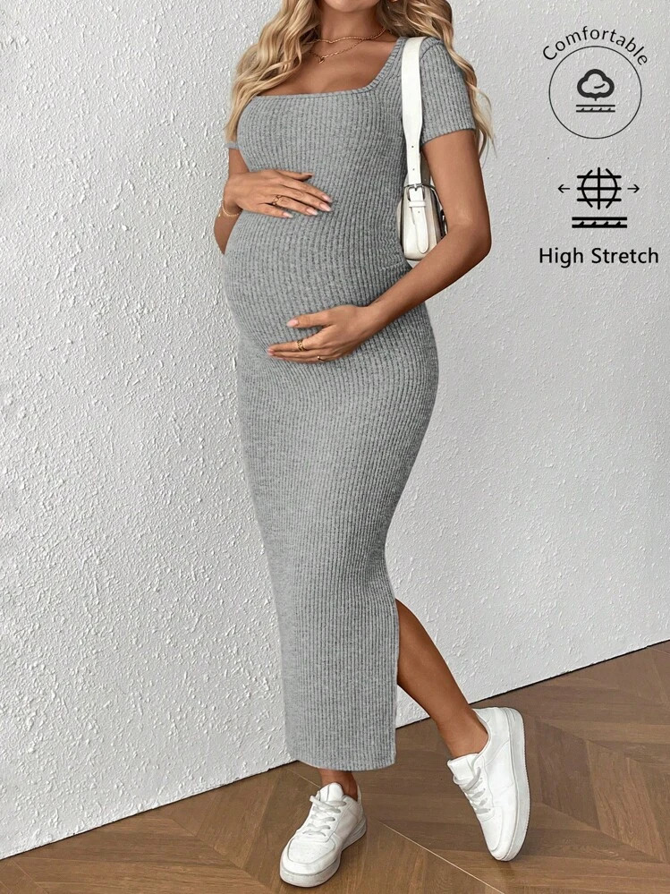 SHEIN Maternity Short Sleeve Square Neck Dress, Minimalist And Fashionable, Suitable For Summer | SHEIN