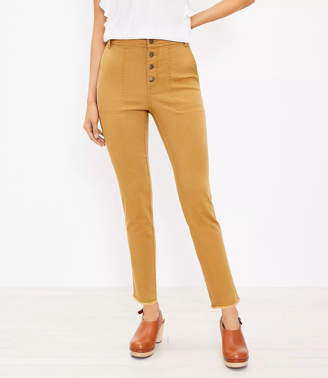 Button Front High Rise Skinny Ankle Pants | LOFT
