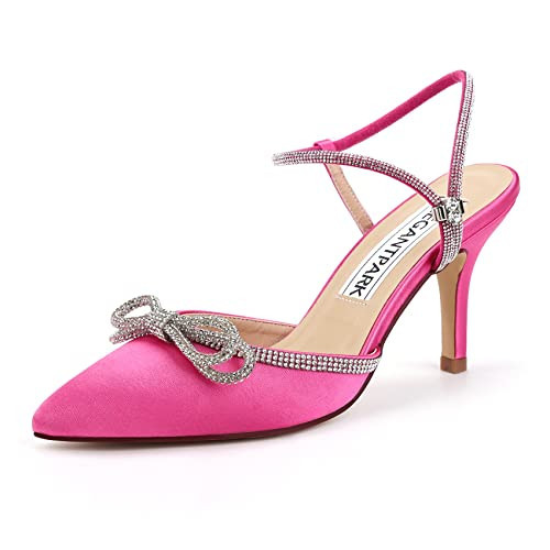 ELEGANTPARK HC2301 Hot Pink Heels for Women Pointed Toe Sexy Strappy Heels Rhinestones Bow Slingback High Heel Pumps Satin Wedding Evening Prom Dress Shoes US 8 | Amazon (US)