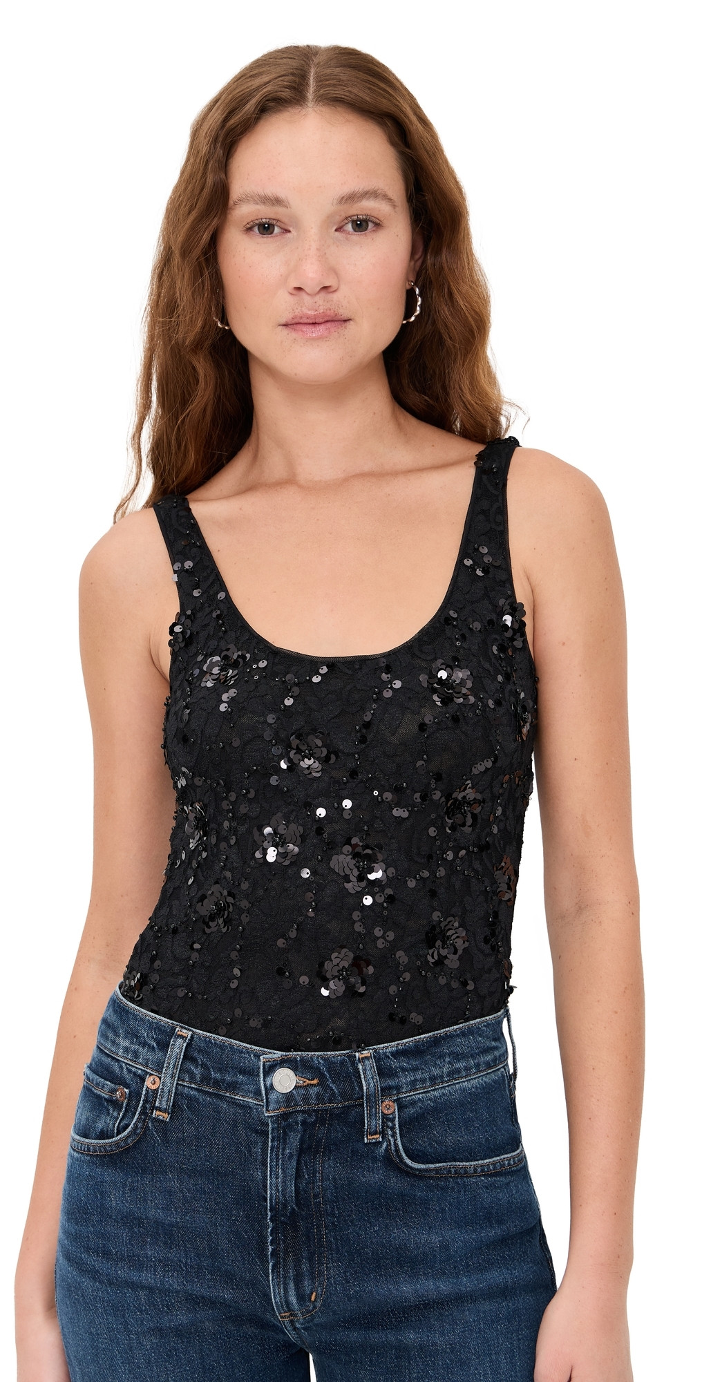 Generation Love Dina Sequin Lace Thong Bodysuit Black M | Shopbop