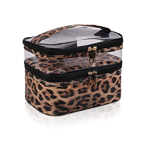 imerelez Double-layer Cosmetic Bag Makeup Bag Travel Makeup Bag Makeup Bags for Women Cosmetics Cases Portable Waterproof Foldable (Leopard) | Amazon (US)
