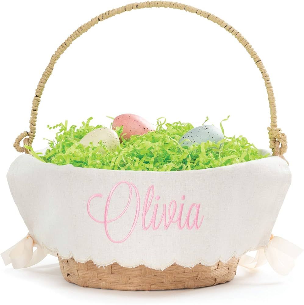 Personalized Easter Egg Basket with Handle and Custom Name in Pink Script | Scallop Edge Linen Ea... | Amazon (US)