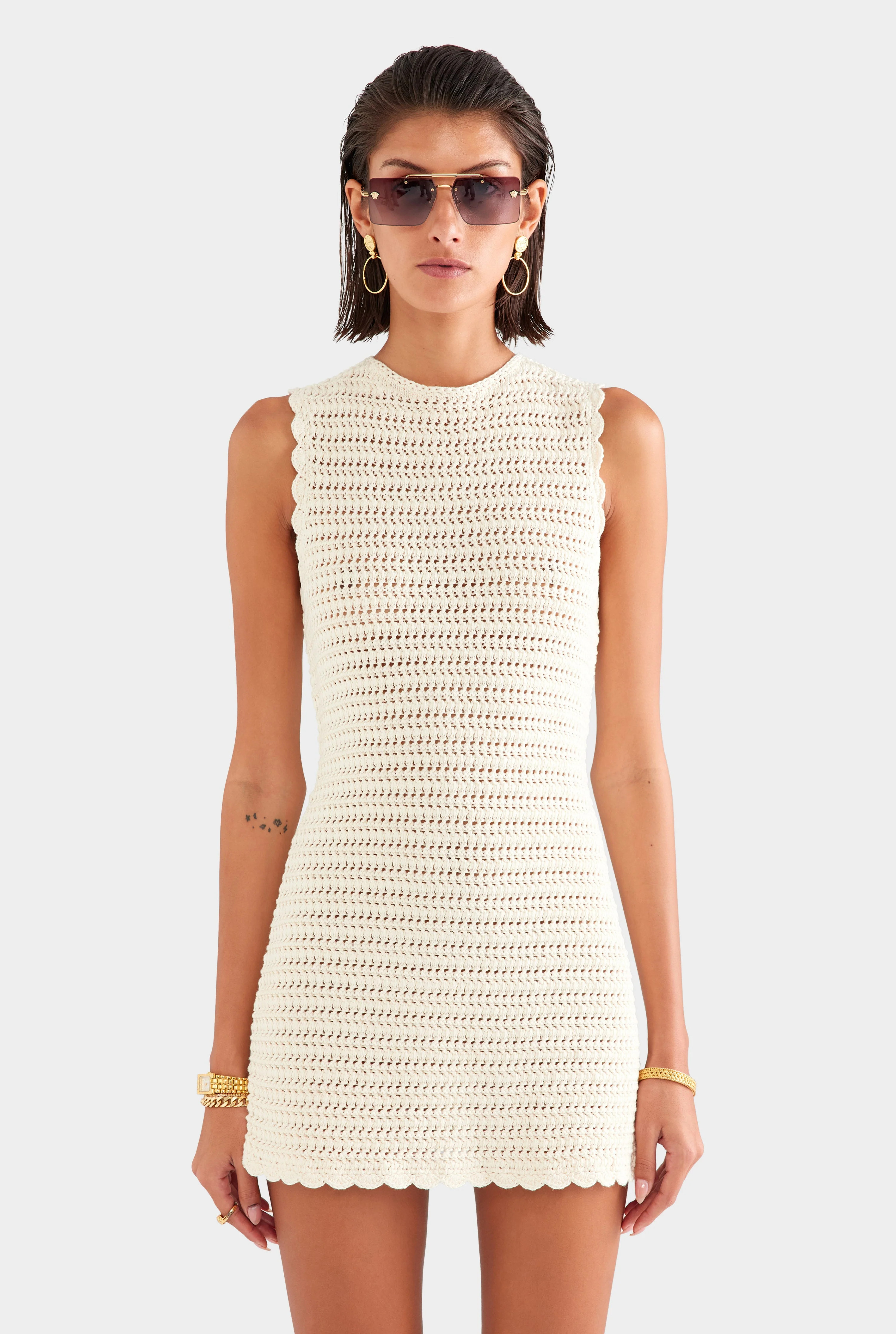 Crochet Mini Dress in Cream | Venroy | Venroy AU