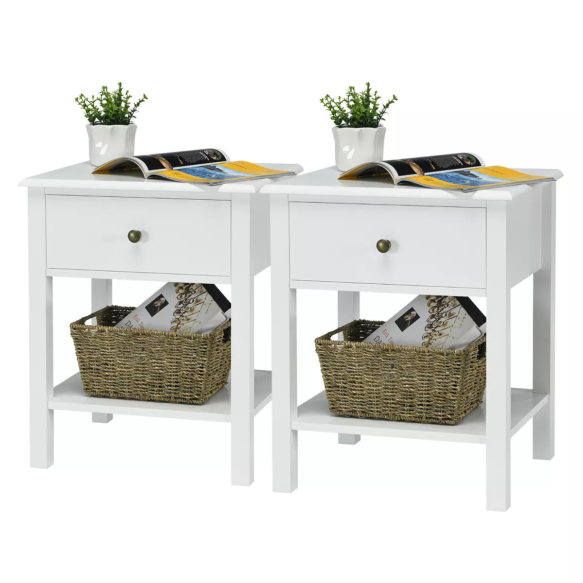Costway 2PCS End Table Nightstand Storage Display Drawer Shelf Beside Table White\Black | Target