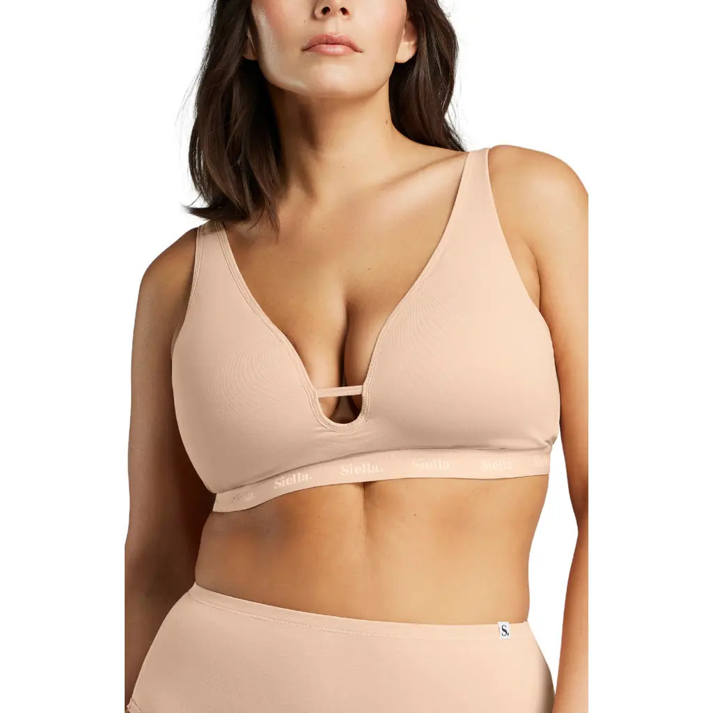 Siella Organic Cotton Plunge Foam Bra in Beach Beige at Nordstrom, Size X-Large | Nordstrom