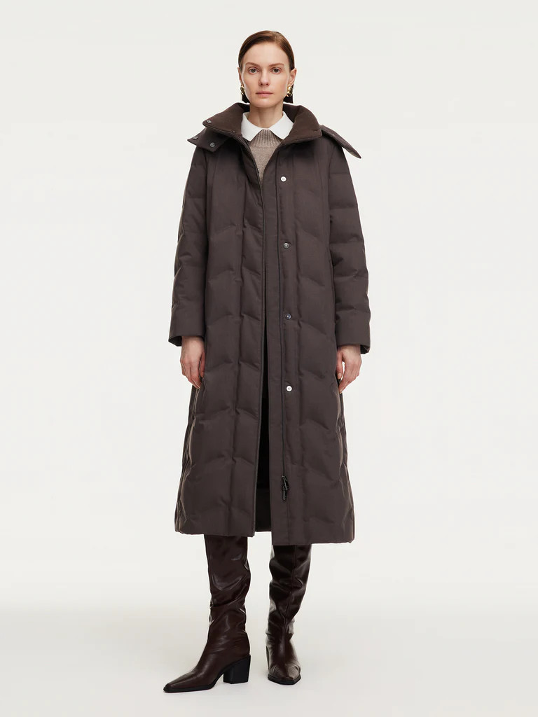 Diamond Quilted Hooded Long Goose Down Wrap Coat | GOELIA