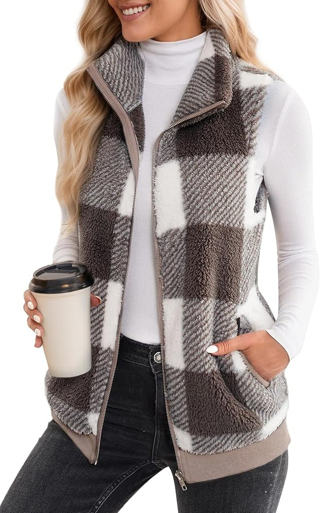 FEOYA Women Plaid Fleece Vest Sleeveless Fuzzy Jacket Zip Up Sherpa Vest Fall Winter Warm Coat | Amazon (CA)