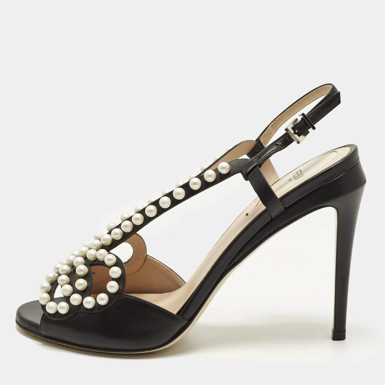 Fendi Size 39.5 Black Leather Faux Pearl Embellished Slingback Sandals | eBay | eBay US