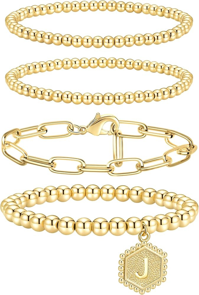 Doubgood Gold Beaded Bracelets for Women, Stackable Gold Bracelets for Women Men 14K Real Gold Pl... | Amazon (US)