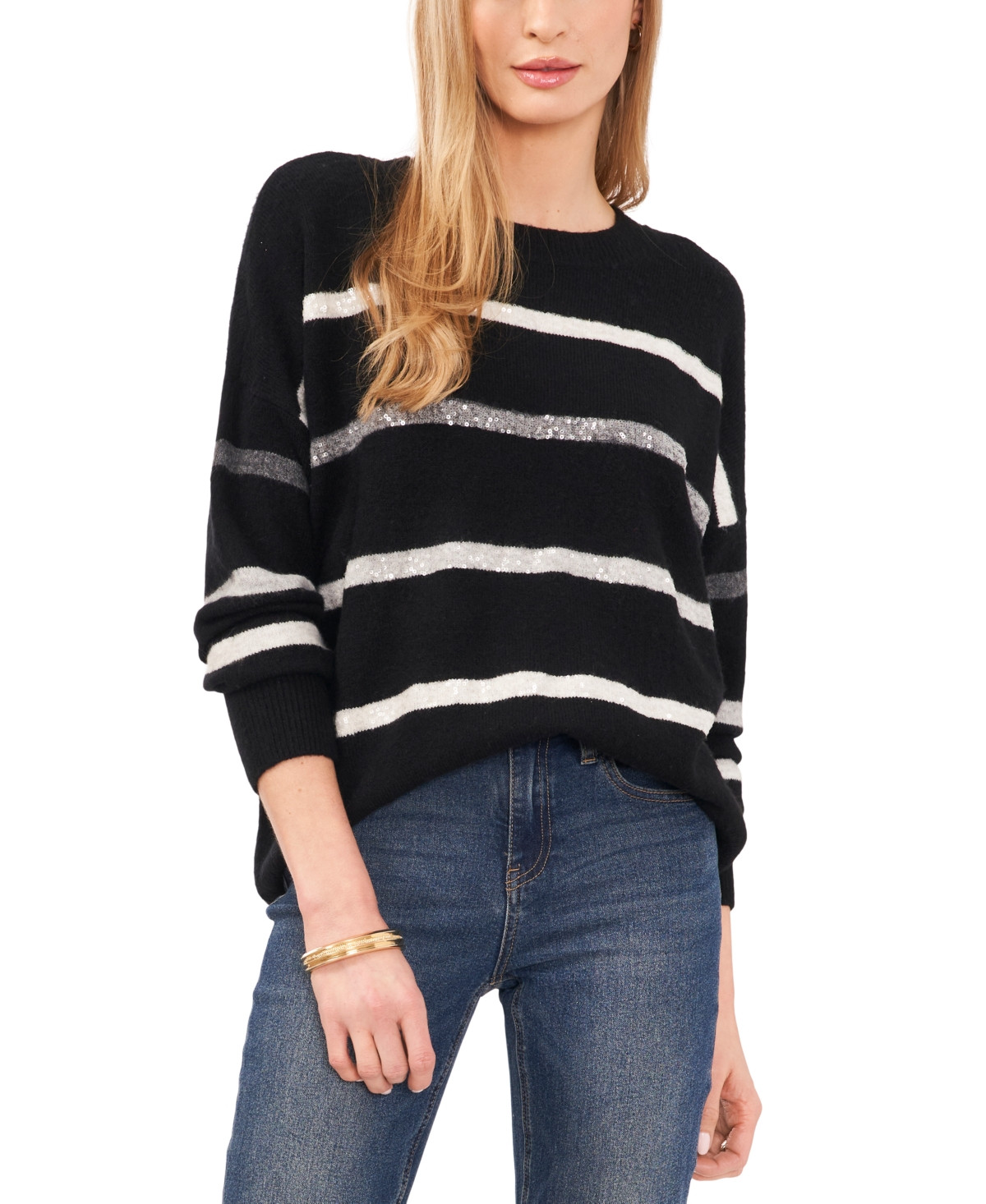 Vince Camuto Women's Cozy Crewneck Sequin-Stripe Long-Sleeve Sweater - Rich Black | Macy's
