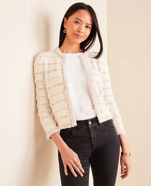 Striped Fringe Knit Jacket | Ann Taylor (US)