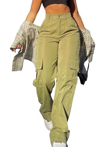 OYOANGLE Women's High Waist Flap Pocket Cargo Pants Casual Streetwear Wide Leg Pants Green XL | Amazon (US)
