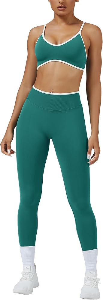 ABOCIW Womens 2 Piece Workout Sets Seamless Color Block Sports Bra Scrunch Butt Lifting High Wais... | Amazon (US)