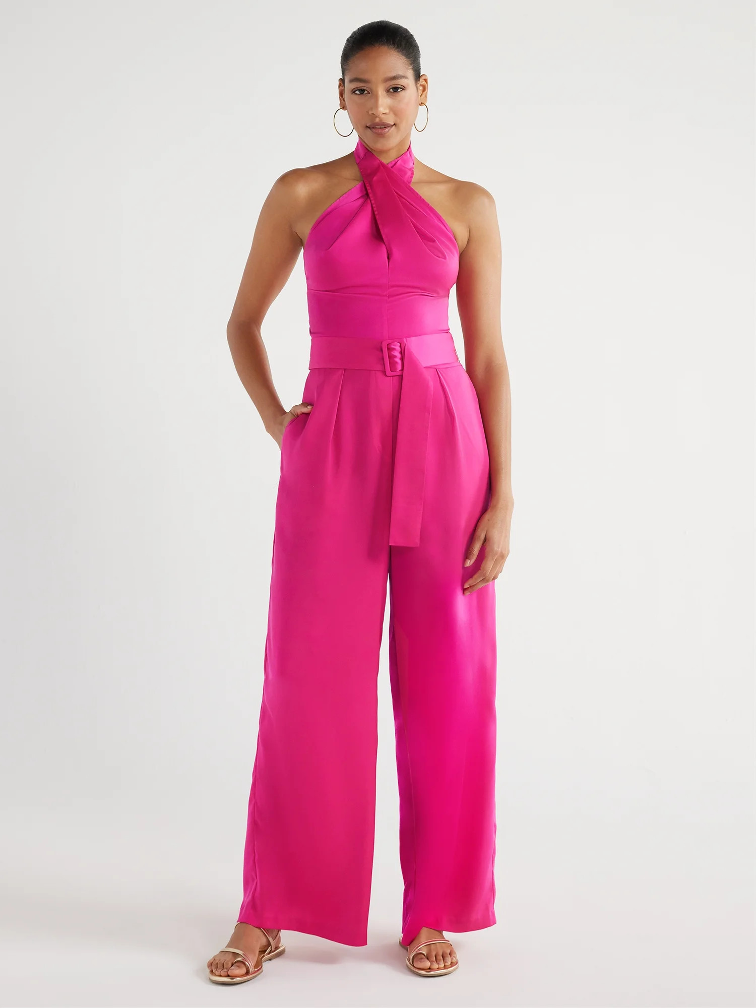 Scoop Women's Wrap Halter Satin Jumpsuit with Wide Leg, 32” Inseam, Sizes XS-XXL | Walmart (US)