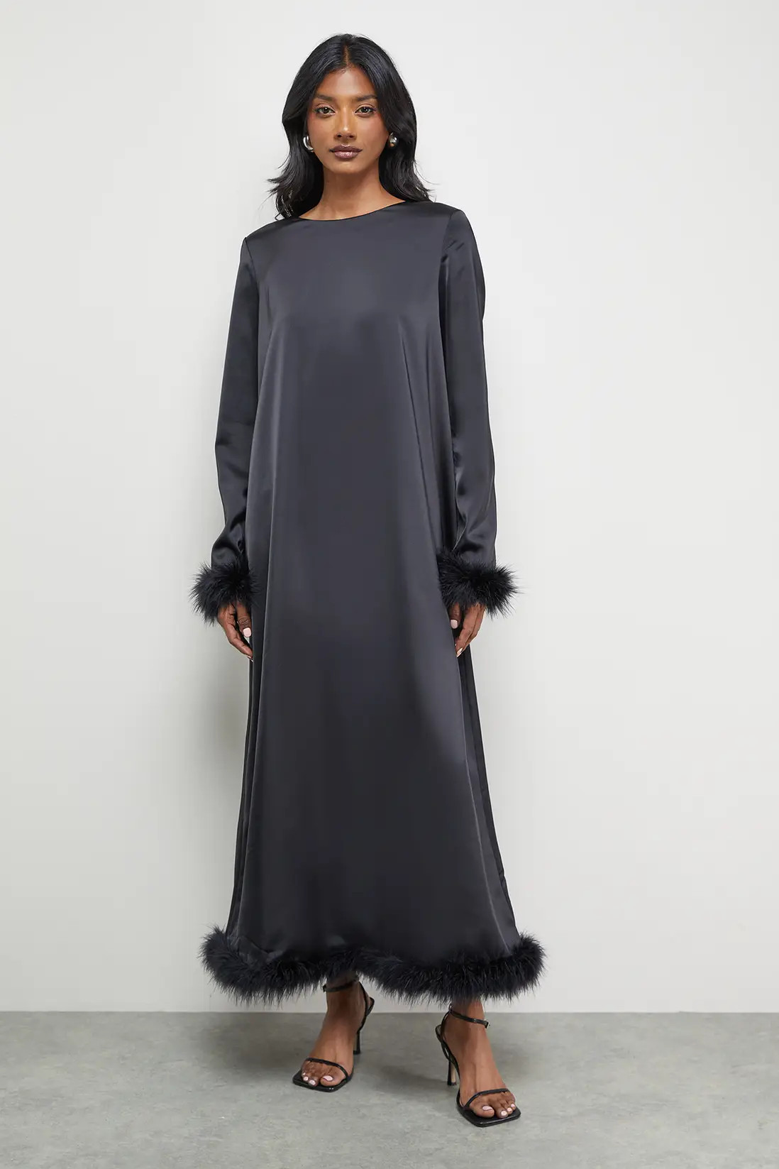 Dresses | Premium Satin Feather High Neck Swing Midi Dress | Warehouse | Debenhams UK