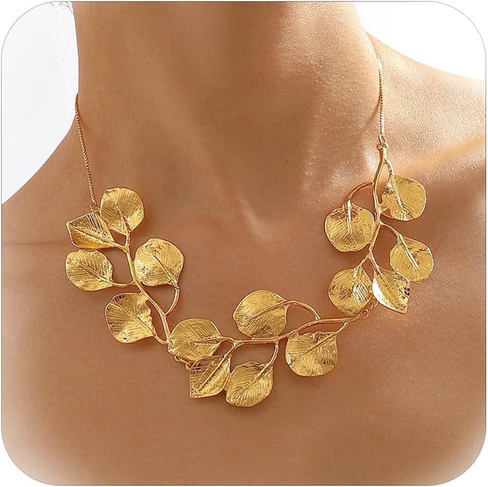 HUASAI Chunky Gold Necklace Boho Neckalce for Women Thick Gold Collar Necklace Statement Leaf Cho... | Amazon (US)