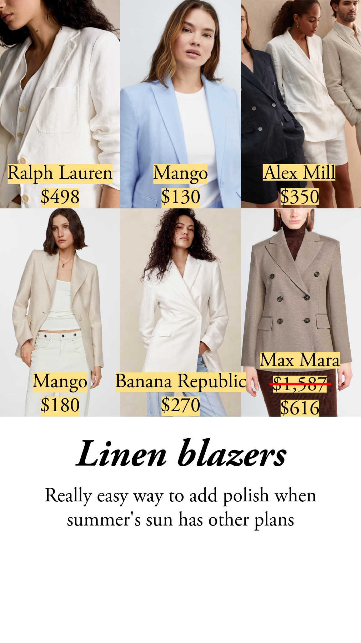 I’ve seen disastrous linen blazers for more than $1,000. Linen is a casual fabric, so it either needs to be made into a casual blazer like the Polo Ralph Lauren, or extra care needs to be taken. 

One option is blending the linen with other fibers, as Max Mara and Banana Republic do. I’m impressed by the Mango options, especially at the prices, wow. 

But you know me: I would not recommend something just because there are more expensive things. It has to be worth your time. It has to reflect your dignity. 

Add any of these blazers to elevate a casual summer look. Summer does not make it easy for us to look polished, does it?

#LTKSeasonal #LTKStyleTip #LTKWorkwear