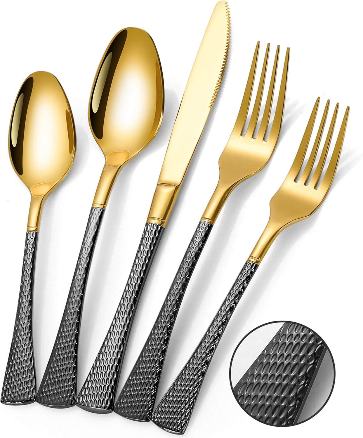 Lemeya Hammered Black Gold Silverware Set,20 Piece Modern Flatware Set Service for 4,Mirror Polis... | Amazon (US)