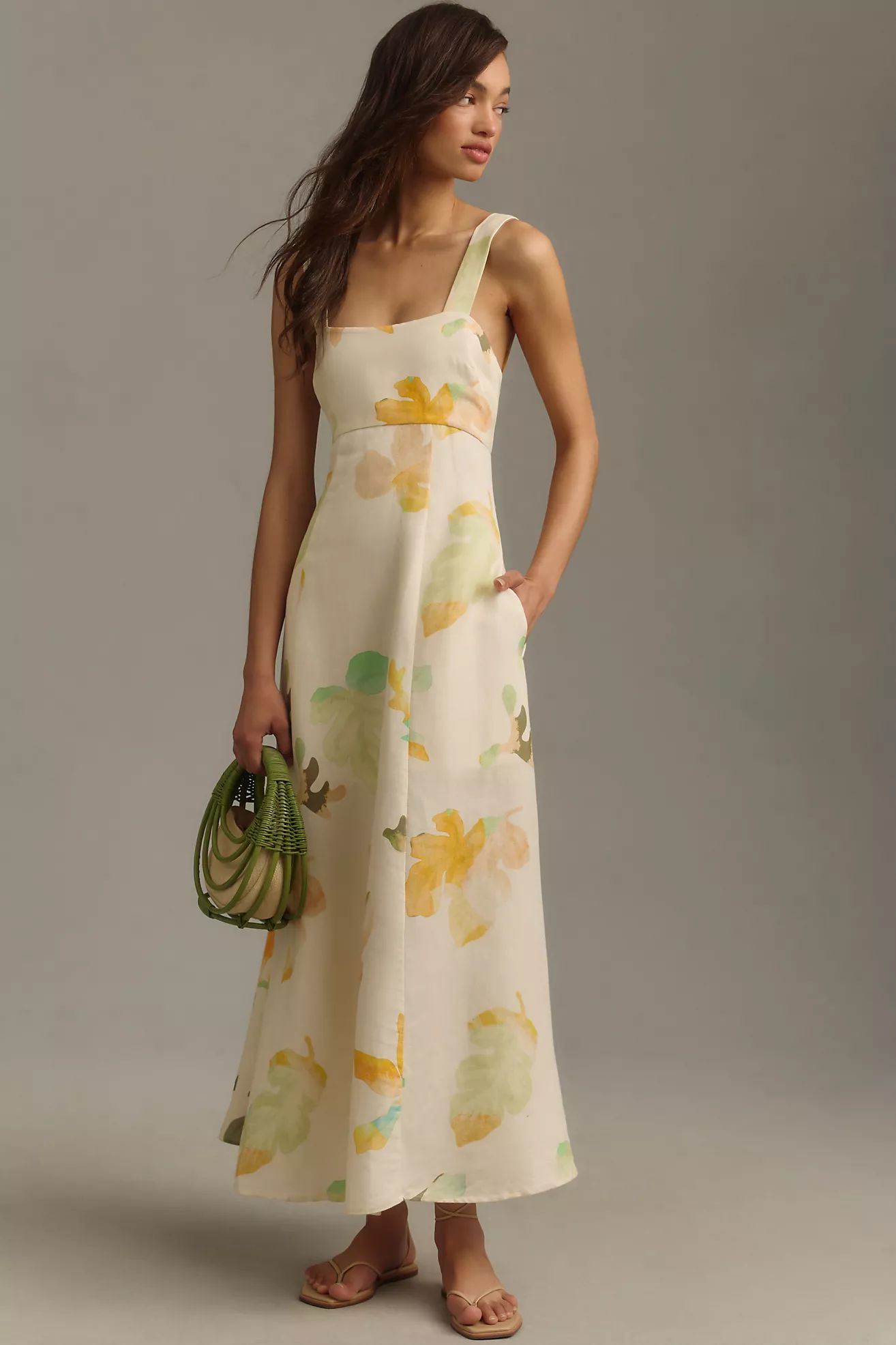 Acler Tate Square-Neck Floral Linen Midi Dress | Anthropologie (US)
