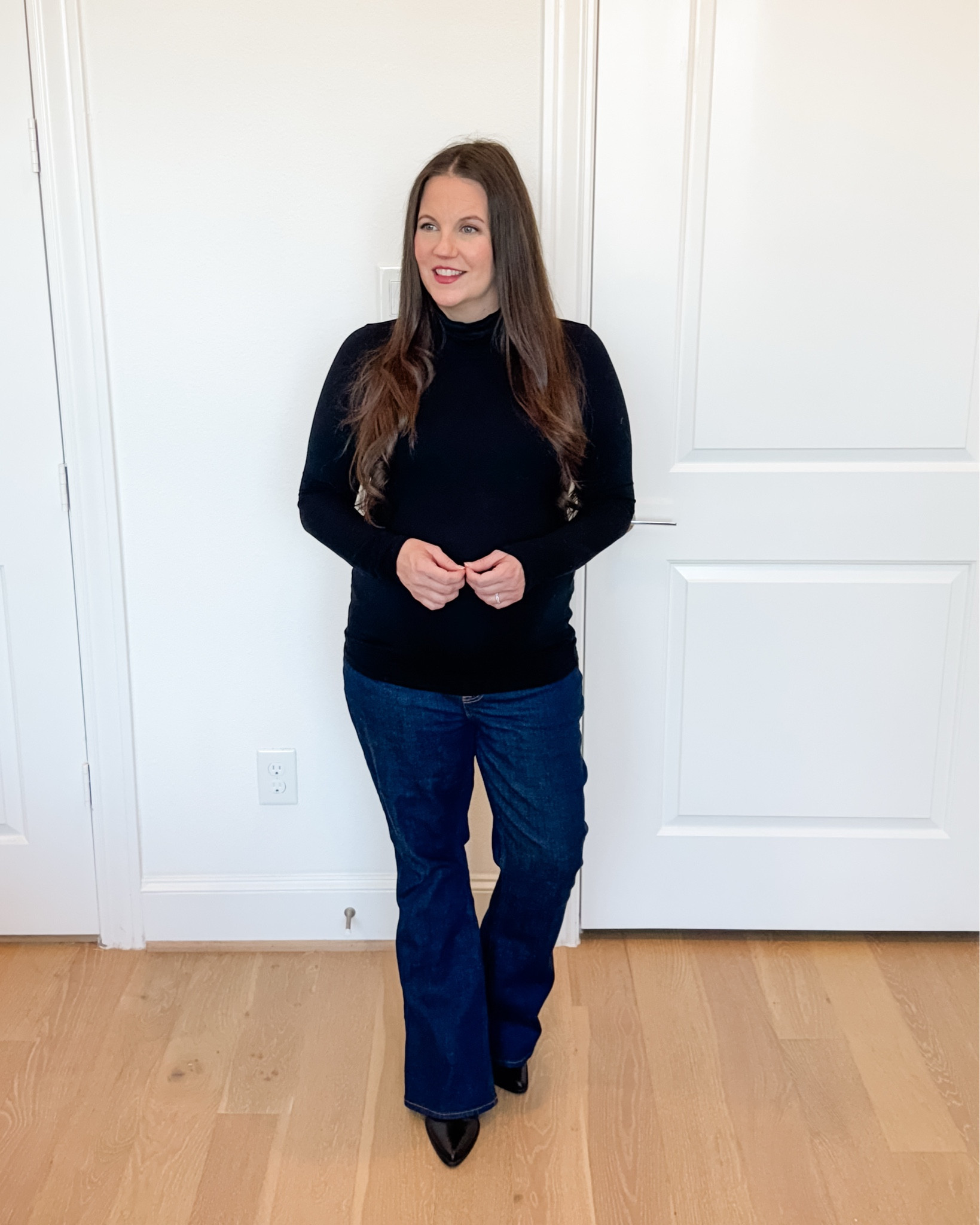 Effortless Pregnancy Style

If you’re looking for a simple and flattering maternity outfit, this combination is such a good go-to. The black long sleeve turtleneck pairs perfectly with dark blue flared jeans, and these truly are the best maternity jeans for everyday wear.

Adding black booties completes the look and makes this outfit feel polished while still being comfortable enough for all-day wear.


#LTKOver40 #LTKBump #LTKSeasonal