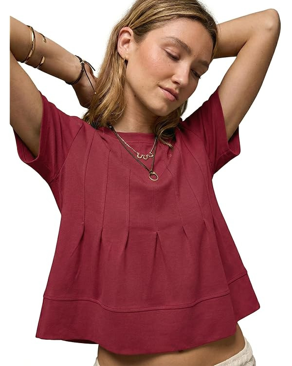 LOMON Spring Peplum Tops for Women Babydoll Pleated Short Sleeve Crop Cotton Shirts Blouses Trend... | Amazon (US)