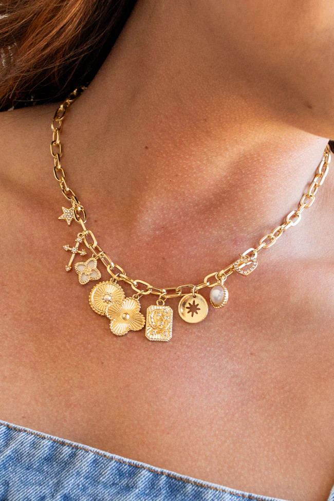 Gold Multi Charm Necklace | Pink Lily